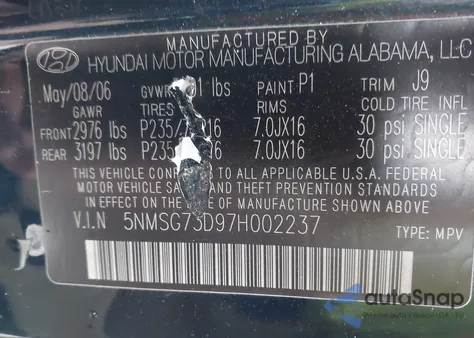 2007 Hyundai Santa Fe Gls z USA, uszkodzony, nr VIN 5NMSG73D97H002237